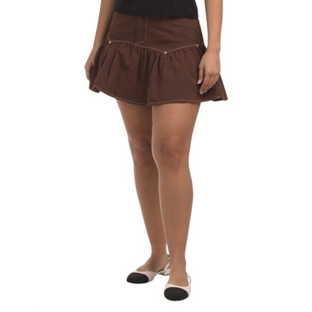 LE LIS Drop Mini Ruffle Skirt With Contrast Stitch Size S Brown Boho Western NWT